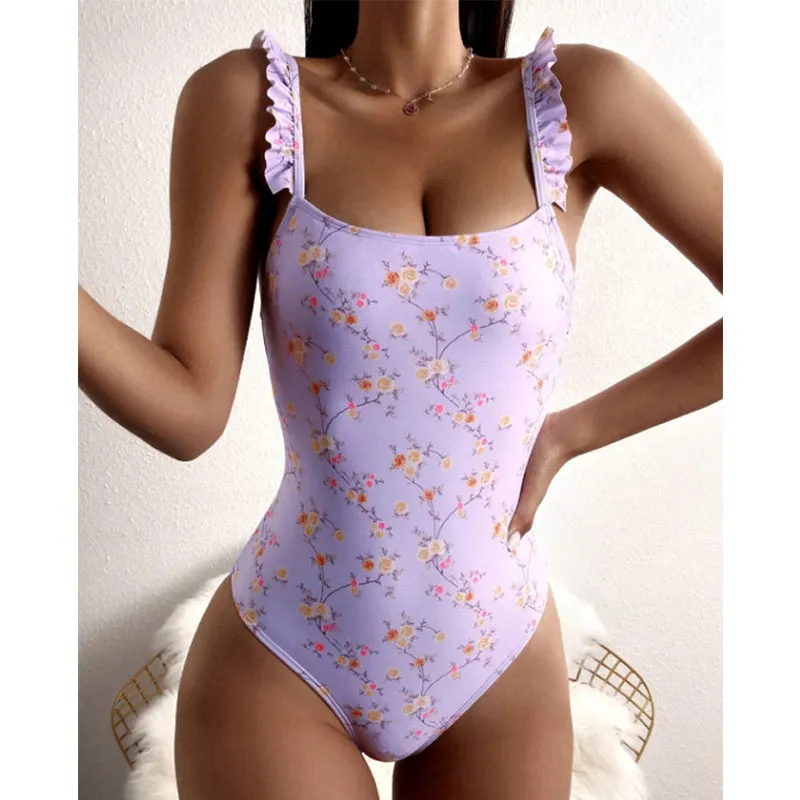 

COOBBU Ruffled Swimwear Women Tunic Swimsuit One Piece Sexy Solid Bodysuits High Cut Bathing Suits Beach Wear One-Piece Suits
