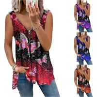 new ladies 2021 casual sleeveless v neck zipper butterfly print sexy loose t shirt