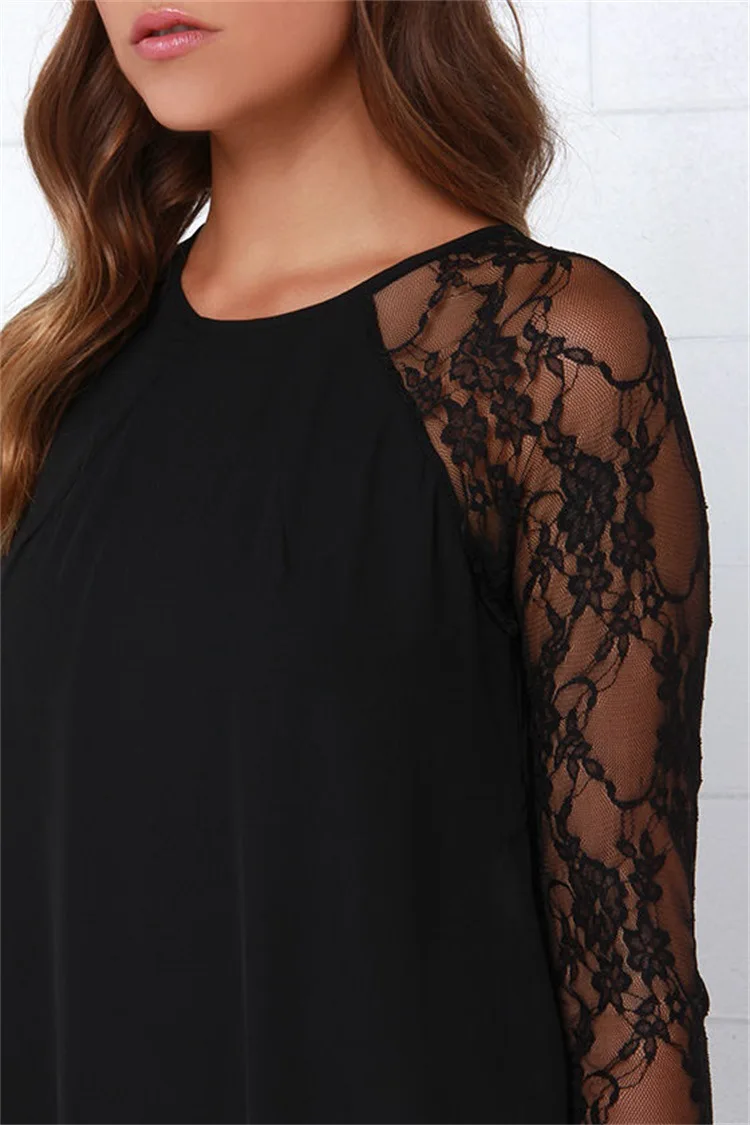 

Sexy Vintage Lace Patchwork Black Loose Mini Woman Dresses Elegant Spring Autumn O-neck Long Sleeve Female Above Knee Dresses