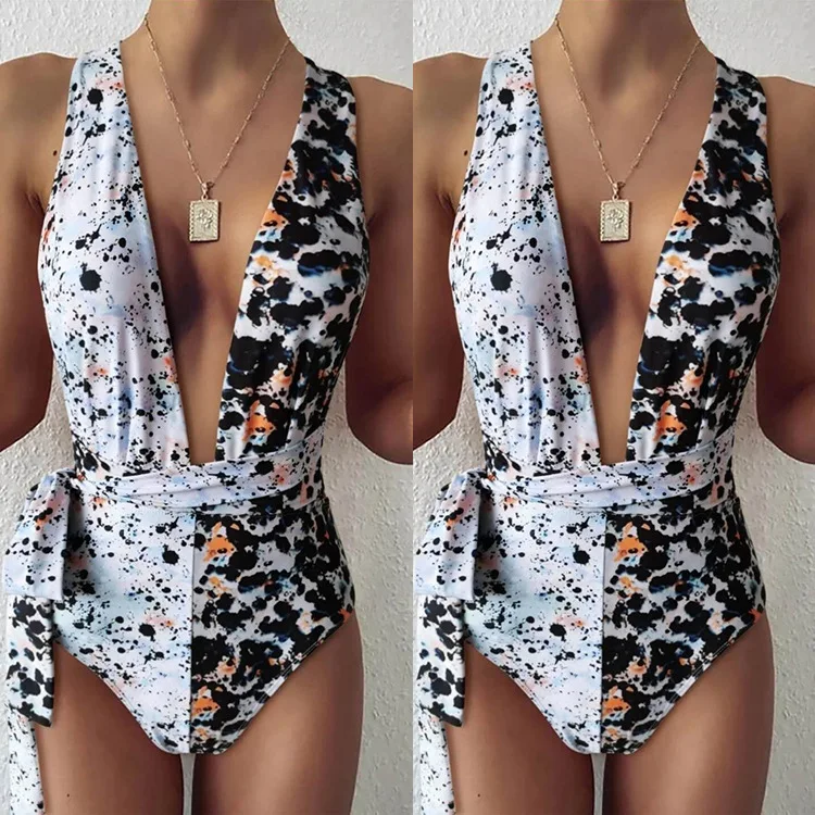 

New ladies swimsuit irregular leopard dots two-color stitching sexy one-piece swimsuit women's bikini swimsuit