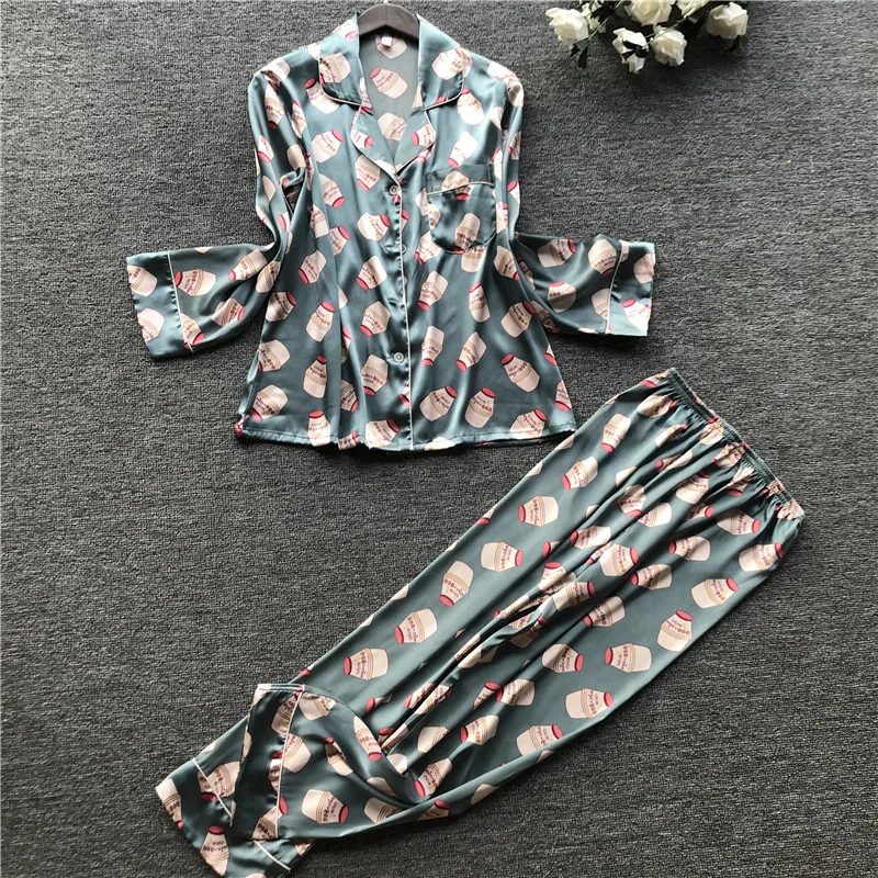 Женский пижамный комплект из двух предметов шелковая пижама с длинным рукавом и