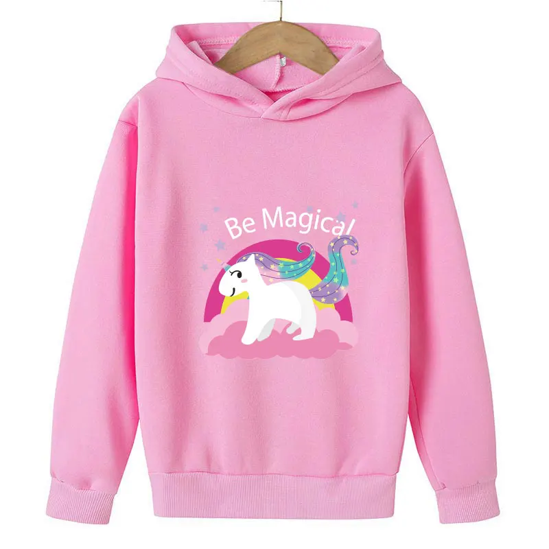 

Новинка 2022 года, зимняя толстовка с капюшоном и мультяшным принтом единорога для девочек, детская толстовка с капюшоном, модная повседневна...