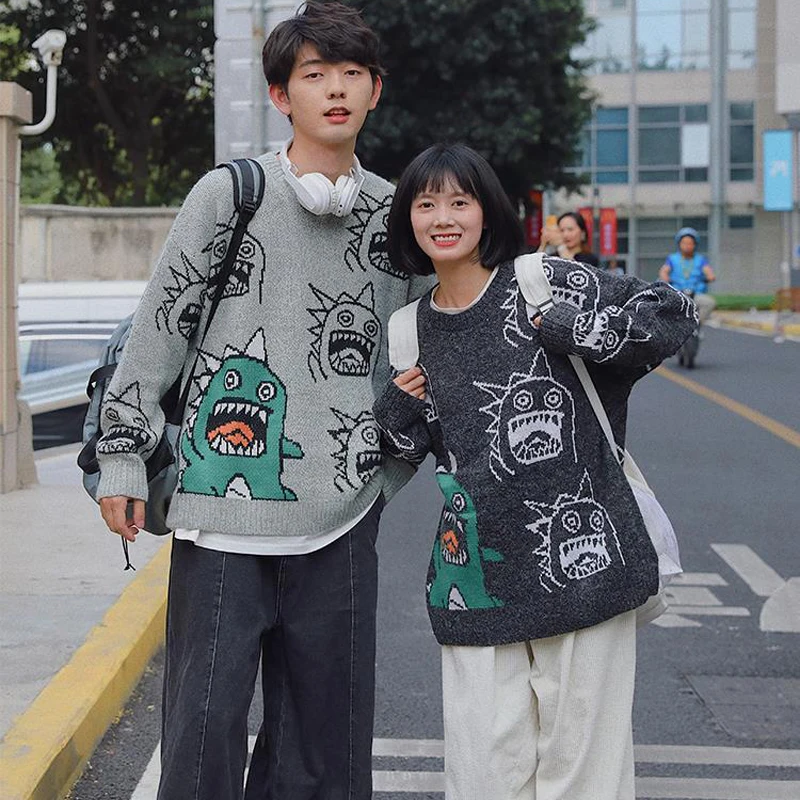 

Men Fun Cartoon Pattern Knitted Sweaters Couple Brand Vintage Jacquard Winter Sweater Daily Casual Loose Solid Color Pullovers
