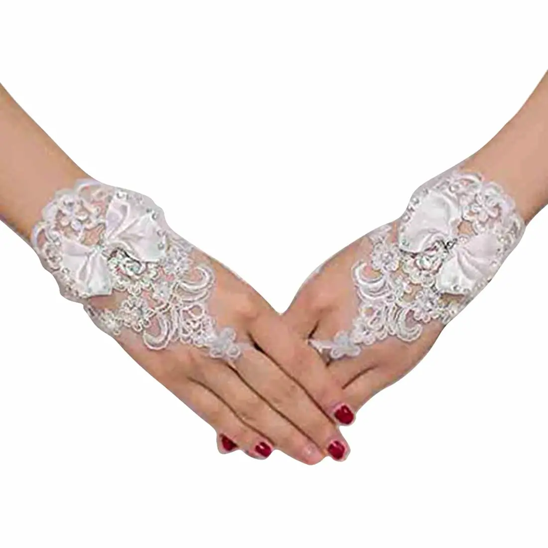 

Women's Bridal Wedding Gloves Fingerless Lace Gloves White Bow Gloves Short Cuffs Wedding Accessories 2022