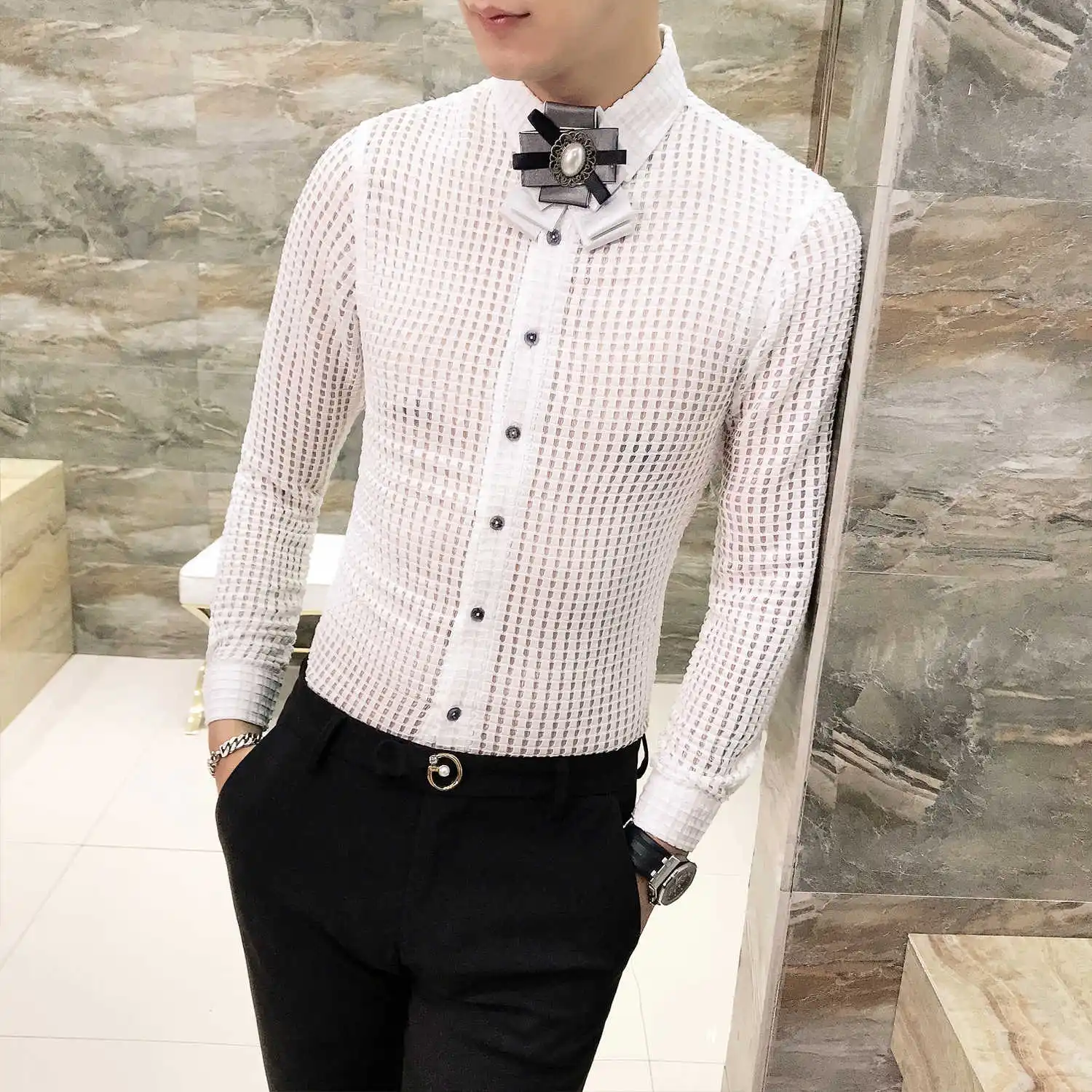 2019 рубашки в клетку Для мужчин Прозрачные s Прозрачная с длинным рукавом блузка