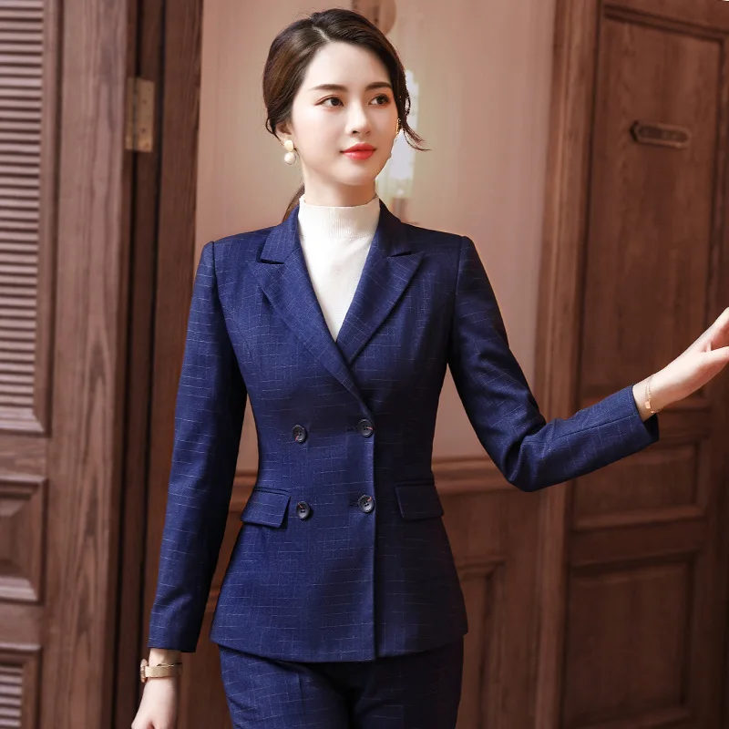 Женский костюм клетчатый Блейзер и брюки с высокой талией Офисная Дамская куртка