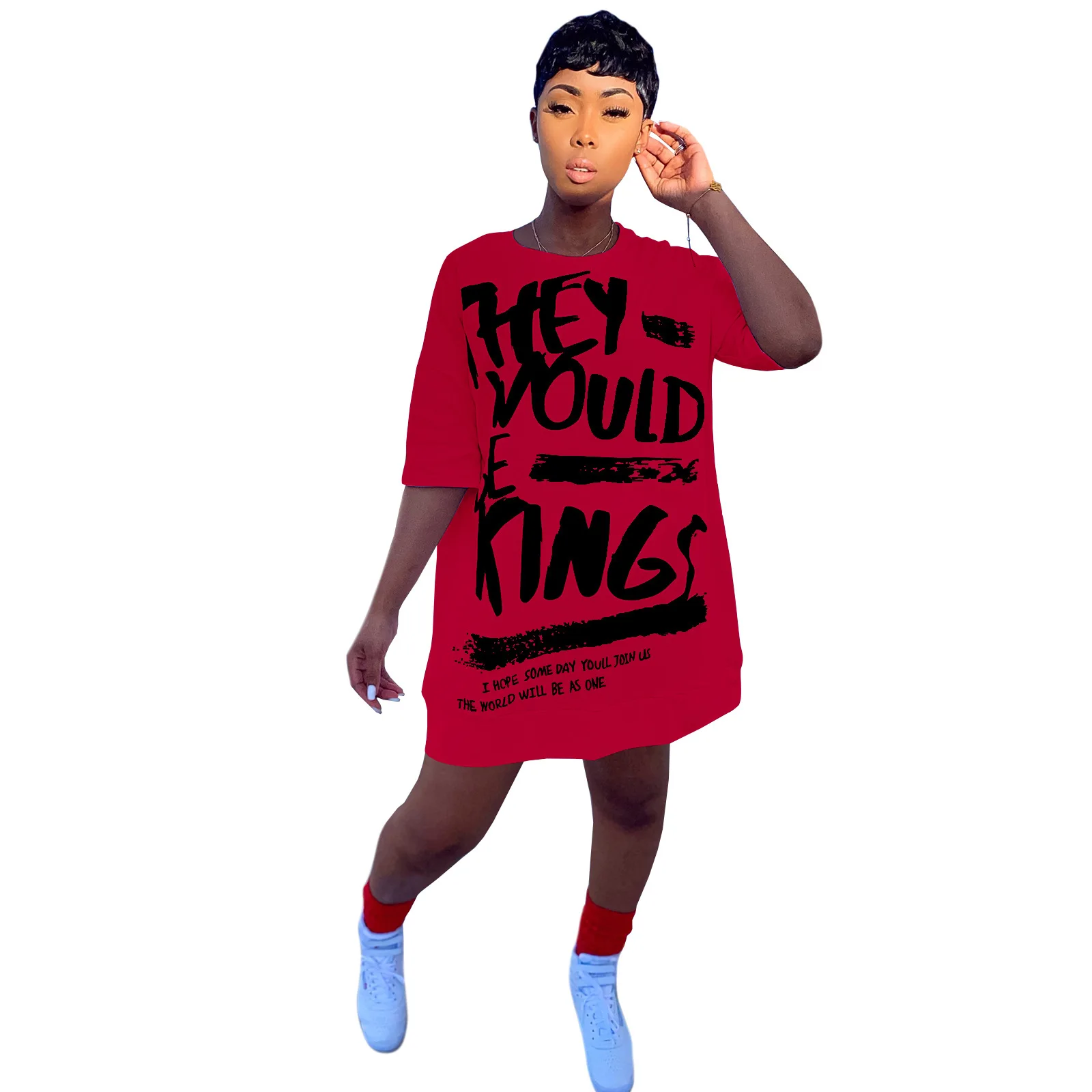 

SSEURAT Female Short Sleeve Round Collar Loose Dress Summer Casual Letter Print Mini T-shirt Dress