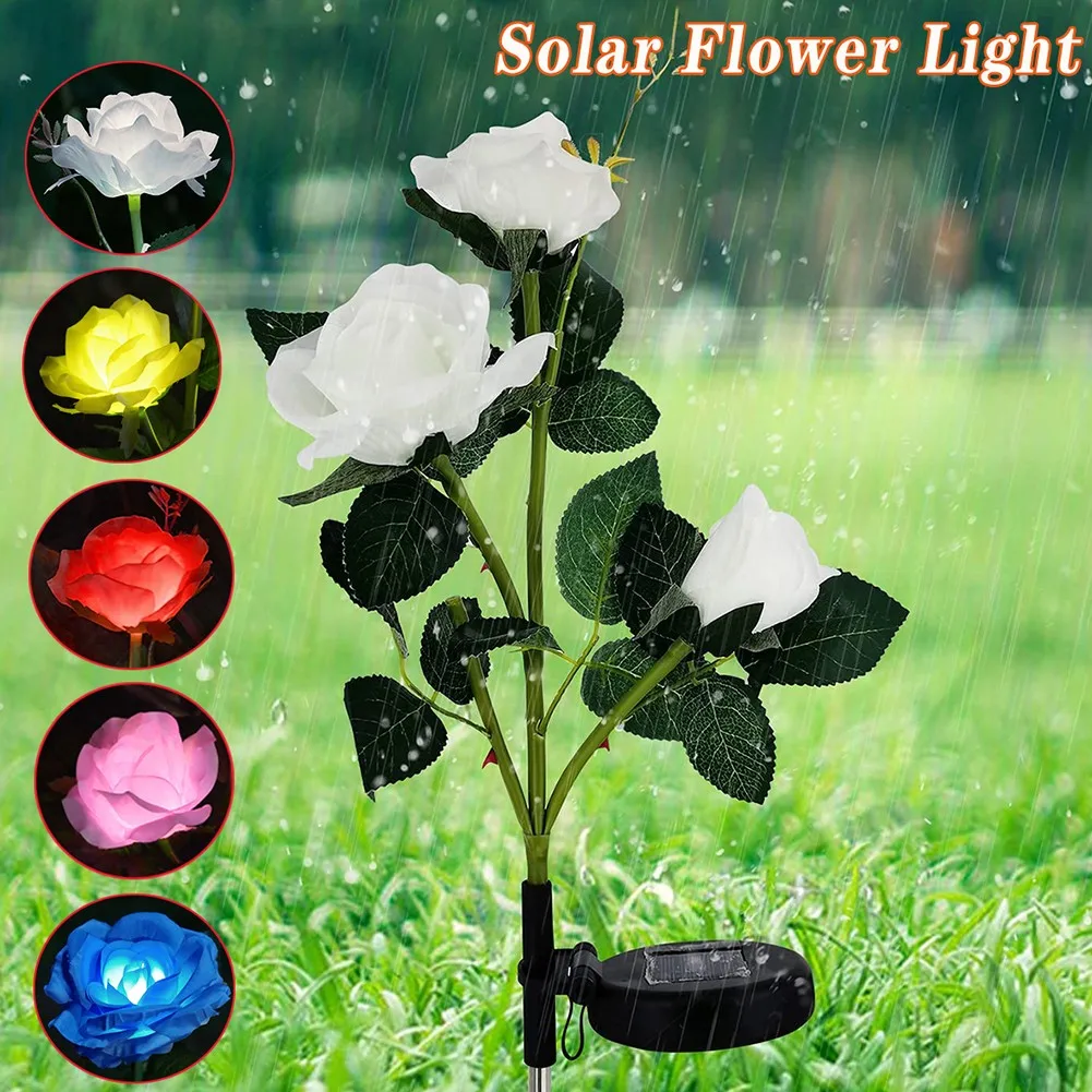 

5 Colors 3 Head LED Solar Power Rose Flower Stake Lights Waterproof Solar Outdoor Path Luminous Lamps For Garden Decoration