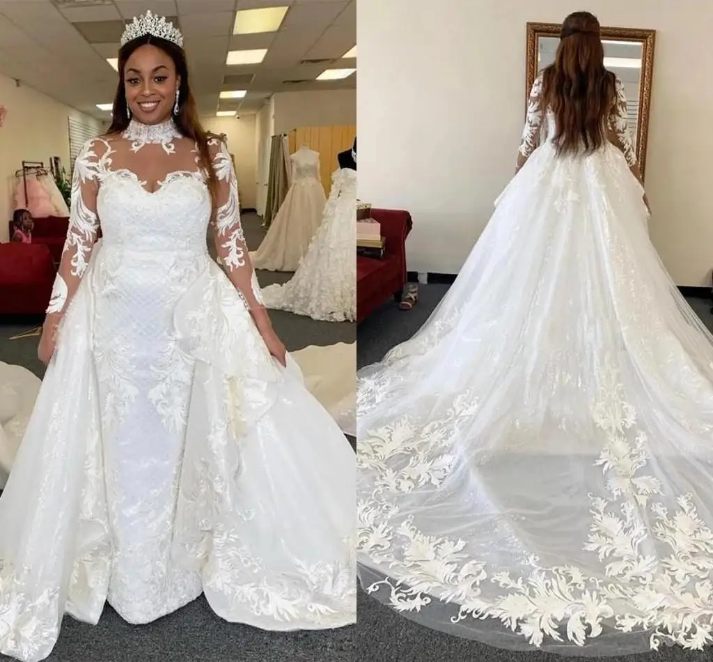 

С высоким воротом, Vestido Де Новия свадебное платье размера плюс арабское, с длинными рукавами кружевная Свадебная обувь с украшением в Gowns2 021