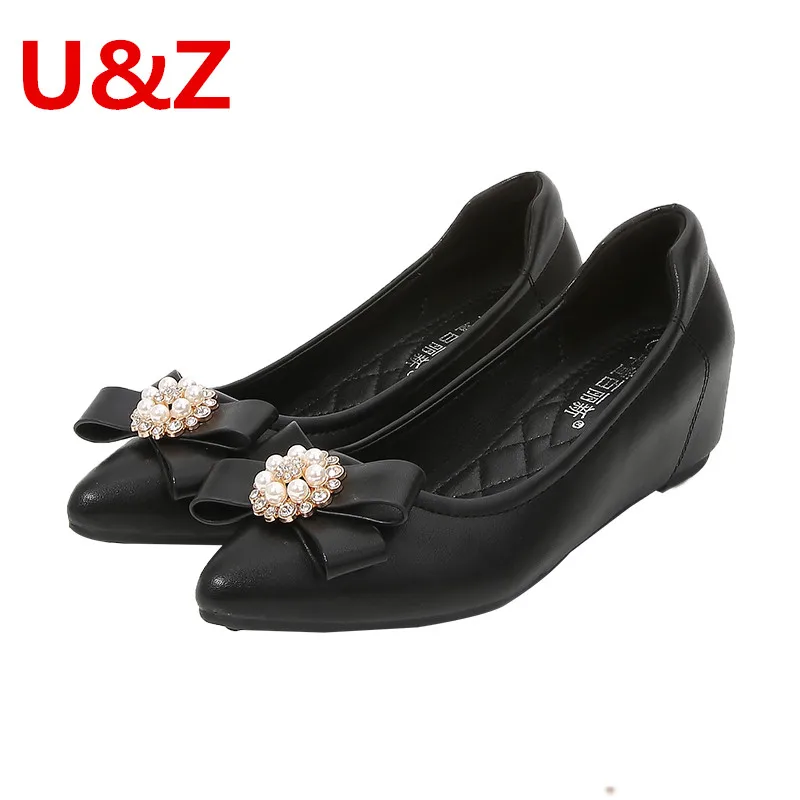 

Comfy Women Wedges Pumps Flower Pearls Kitten Heels Women Shoes Office Shoes Female Beige/Black/Red soft insole Leather Shoes