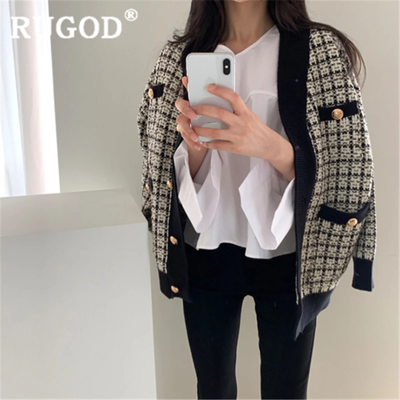 RUGOD/женское клетчатое пальто Новинка года; зимний теплый модный женский кардиган; Повседневная плотная вязаная верхняя одежда с v-образным вырезом; корейские дамские свитера ins