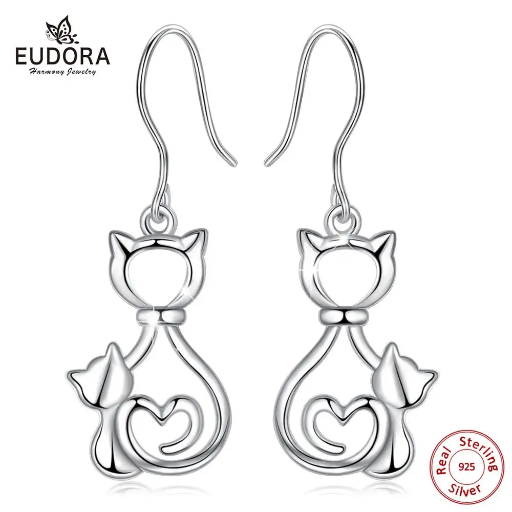 EUDORA подлинные серьги из стерлингового серебра 925 пробы с двумя милыми кошечками и