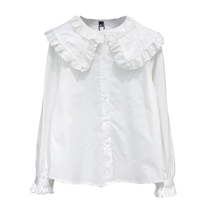

White Blouse Shirt Women Autumn Spring Long Sleeve Ruffle Shirt Female Blouses Casual Doll Collar Tops Plus Size Colthing
