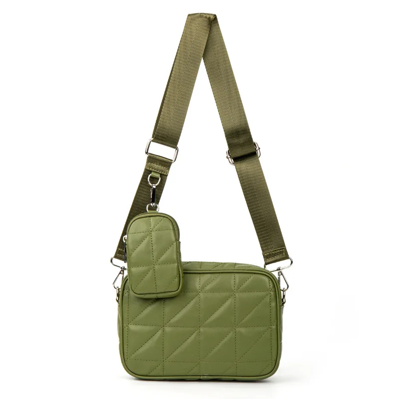 

Women'S Leather Wide Strap Shoulder Bag Square Quilted Small Purses And Handbag Female Green Black Brown Composite Crossbody Bag