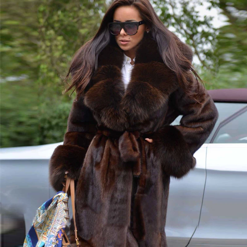 2022 New Fashion Real Mink Fur Coat 90cm Long Genuine Mink Fur Coats With Fox Fur Big Lapel Collar Warm Overcoats Fur Natural