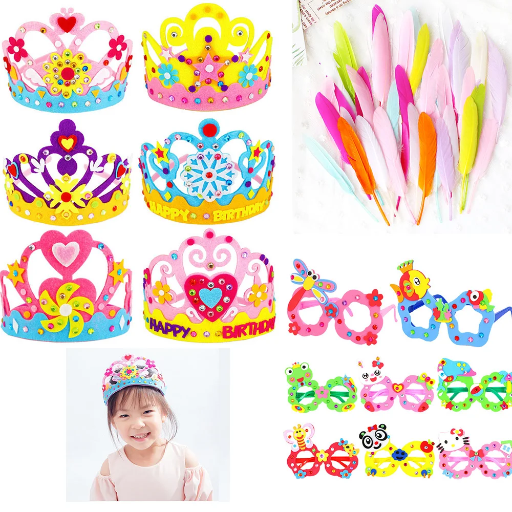 

DIY Crafts Toy Crown Flowers Feather Creative Montessori Toys Patterns Toys For Kids Children Kindergarten Art Party Decorations