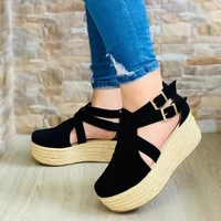 2021 womens high end solid color suede summer belt buckle wedge heel comfortable and fashionable all match sandals
