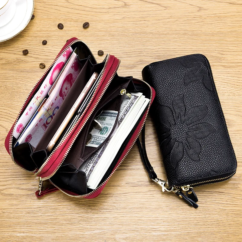 Women Wallet Double Zipper   First Layer Cowhide Large Capacity Long Clutch  Genuine Leather Purse New Mobile Phone Bag Wallet