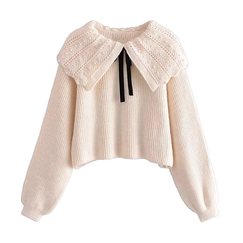 

Pinkou Women Elegant Sweet White Sweater Turn Down Collar Beading Pearl Bow Tie Long Sleeve Short Style Pullover Tops HA202