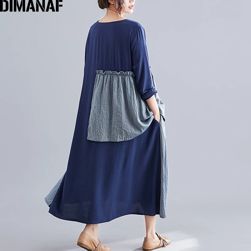 DIMANAF, женское платье, винтажное, размера плюс, осень, Vestidos, хлопок, лен, пэчворк, в полоску, женское, Elegnat, женское платье с длинным рукавом