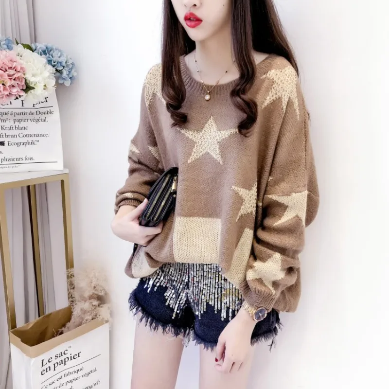 

Autumn New Brand Start Embroidered Flares Womens Loose Fit Sweaters Long Sleeve O-Neck Medium Length Female Knitting Pullovers