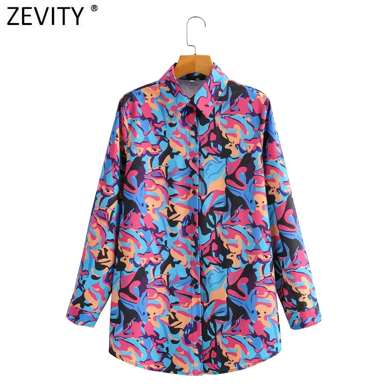 

Zevity New 2021 Women Vintage Contrast Color Graffiti Print Smock Blouse Office Ladies Long Sleeve Shirt Chic Blusas Tops LS9147