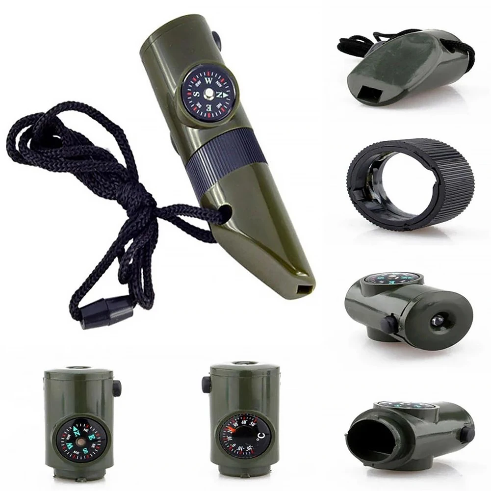 

Function Whistle Survival Emergency Green Tool with Thermometer Compass LED Light Magnifier Mirror for Camping Hiking Outdoor