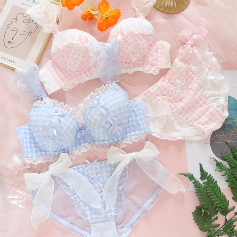 Sweet Sexy Lolita Cute Maid Plaid Lace Bow Underwear Set Japanese Lovely Girl Push Up Underwire Bra & Panties Lingerie Set