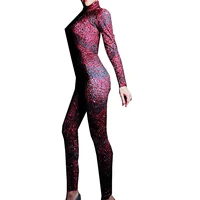 burgundy color striped printing full rhinestones jumpsuit stretch outfit backless long sleeve leotard nightclub dance show wear