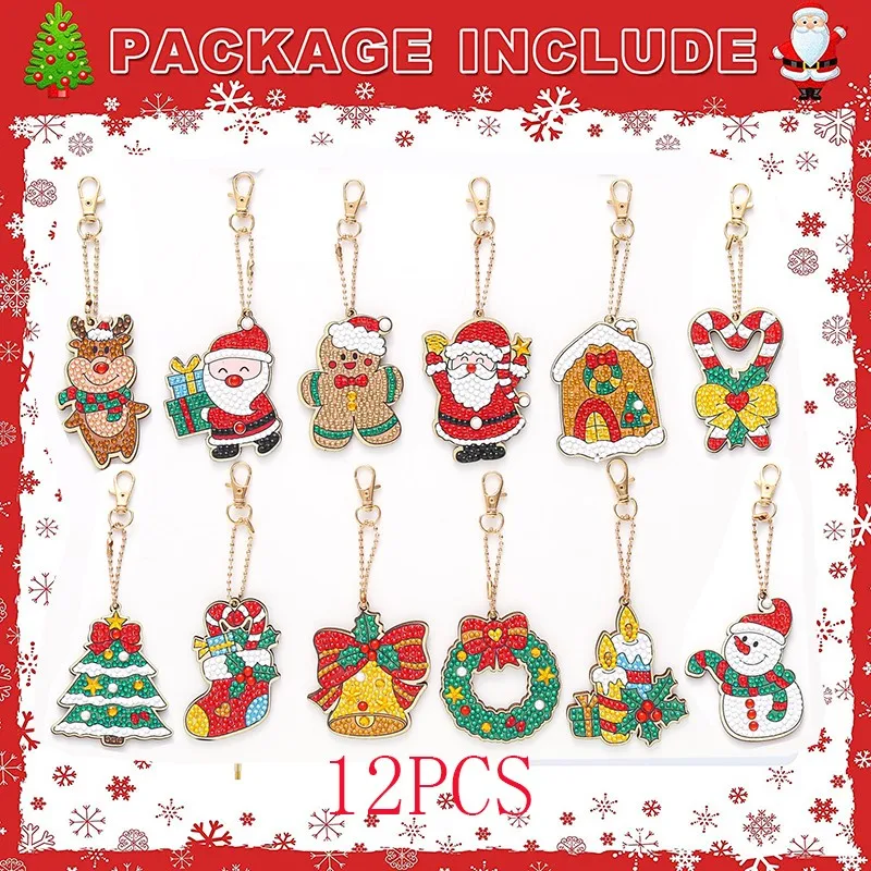 

12pc Christmas Tree Pendant DIY Diamond Keychain Special Shaped Diamond Painting Keyring Keychains Bag Key Chain Home Xmas Decor