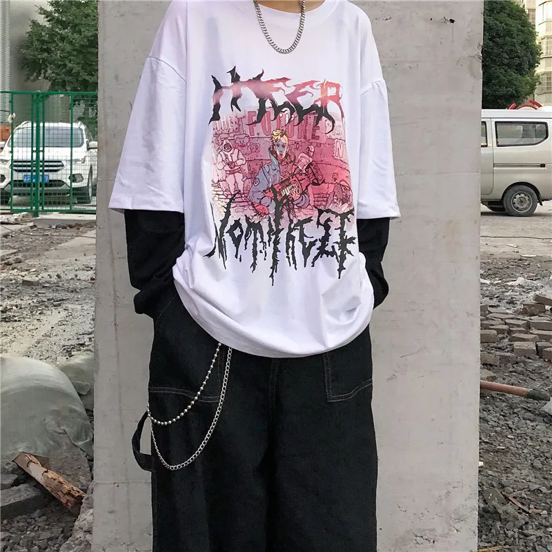 Lychee Harajuku/женская футболка с принтом персонажей из мультфильма, топ, футболка, поддельные Женские футболки из 2 частей, топы, футболки, лоскутные женские футболки с круглым вырезом