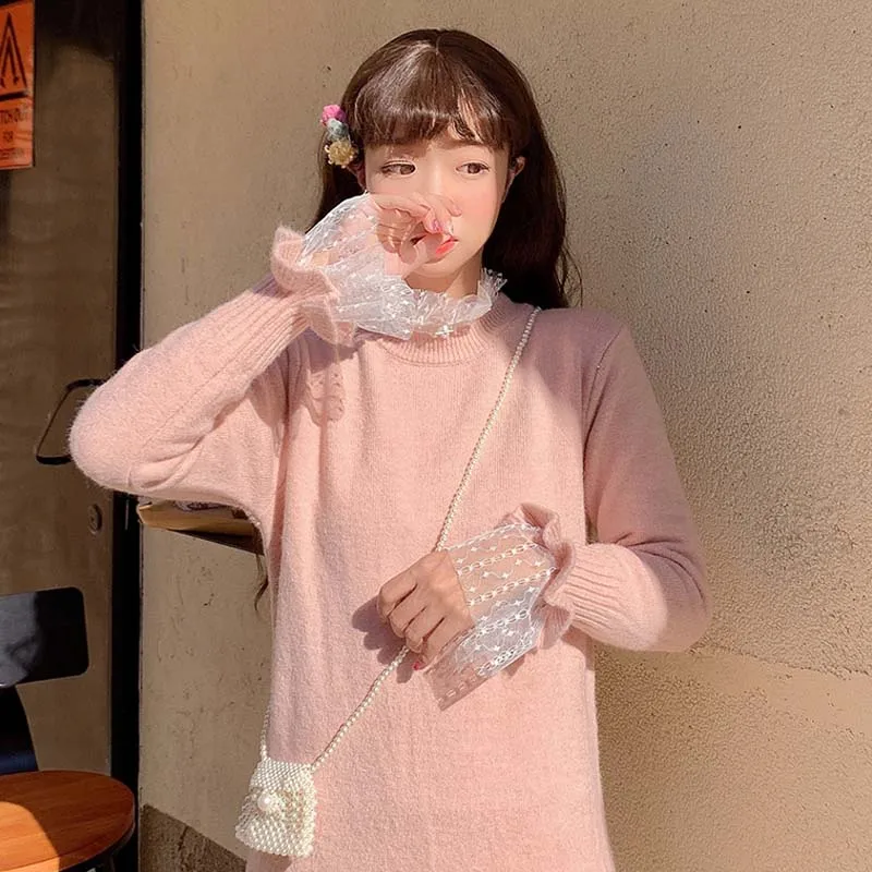 

One Piece 2020 Korean Autumn Winter Knitted Dress Women Sweet Long Sleeve Lace Elegant Office Sweater Dress Female Merino Wool