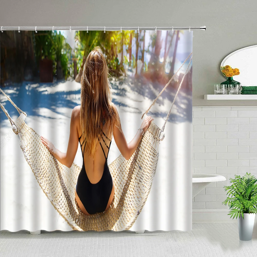 

Sunlight Beach Girl Landscape 3D Printed Shower Curtains Sexy Woman Bathroom Curtains Waterproof Fabric Bath Screen With Hooks
