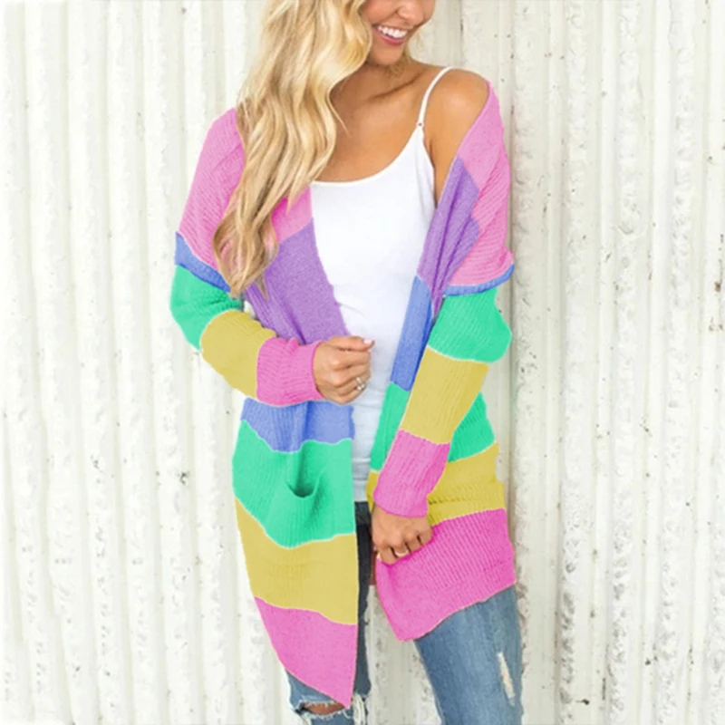 

Autumn Sweater Women Long Sleeve Patchwork Knitted Open Front Rainbow Striped Cardigan Women Coat Sueter Mujer Invierno 2021
