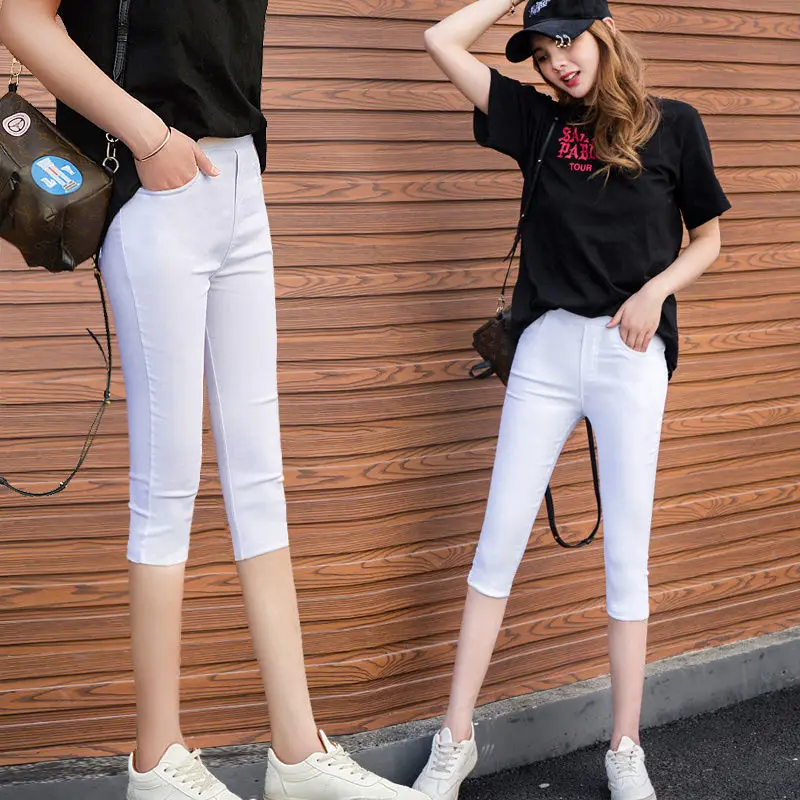 

White pants women's summer thin style Leggings 2021 new high waisted slim cropped pants Capri shorts