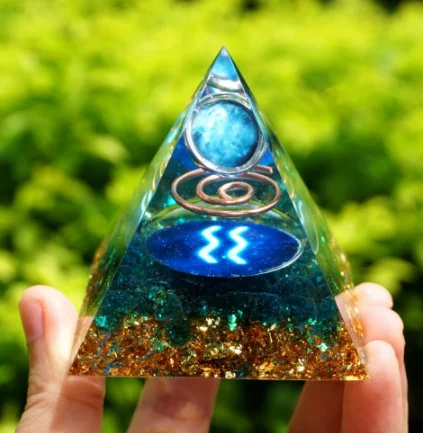 

Handmade Uranus Planet Sphere Orgone Pyramid AQUARIUS Geometry Pattern with Blue Quartz Gemstone Copper Orgonite EMF Protection