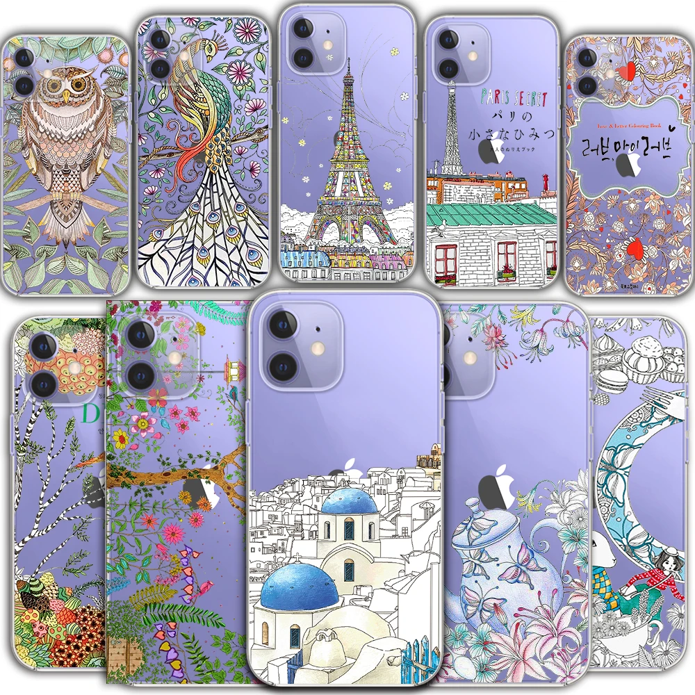 

iphone 12 Mini 11 Pro Max transparent mobile phone case protective cover XR 7 8 Plus X S SE 2020 Coque cute cartoon wave peacock