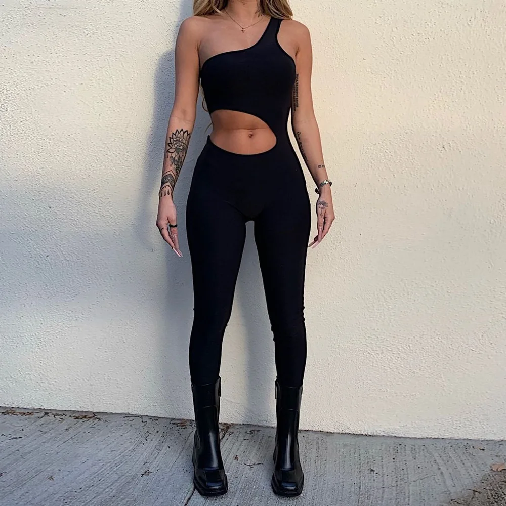 

2021 Summer New Sexy Open Navel Hollowed Out Diagonal Shoulder Jumpsuit Pure Color Sexy Yoga Clothes Women's
