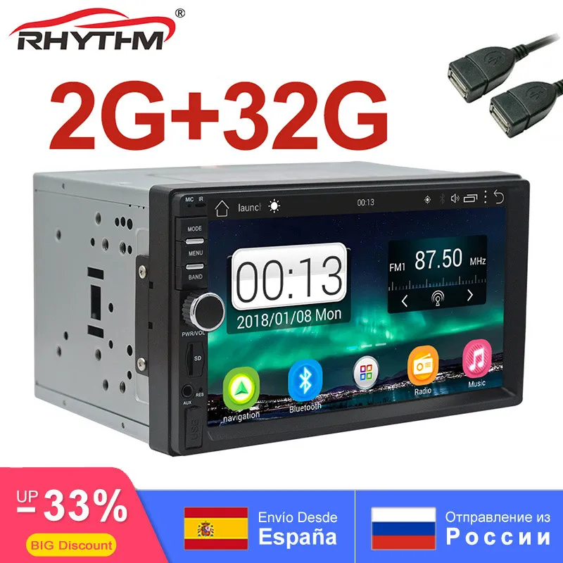Новинка 2din Android 2G+ 32G Автомагнитола gps Стерео bluetooth 1080P мультимедиа навигация " 1024X600 экран универсальный SWC FM DVD