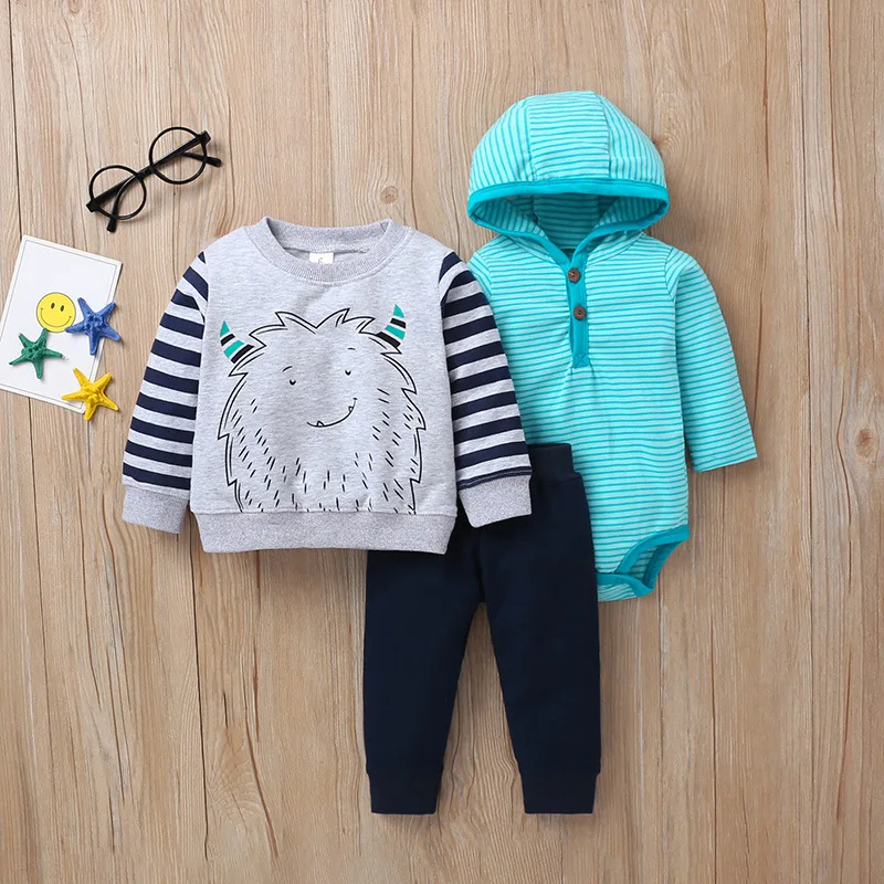 3PCS Infant Baby boy clothes sets Cartoon animals bear Winter warm Tops Coat Sweater+Bodysuit+Pants Neborn Fashion Outfits | Детская