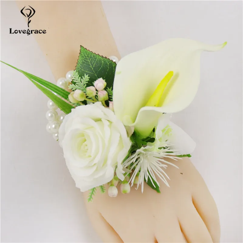 

Lovegrace Artificial Rose Calla Lily Boutonniere Bride Wrist Corsage Groom Boutonnieres Bridesmaid White Bracelet Wedding Flower