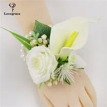 Lovegrace-Rosa Artificial de lirio para dama de honor, ramillete de muñeca, ramillete de novio, pulsera blanca, flor de boda