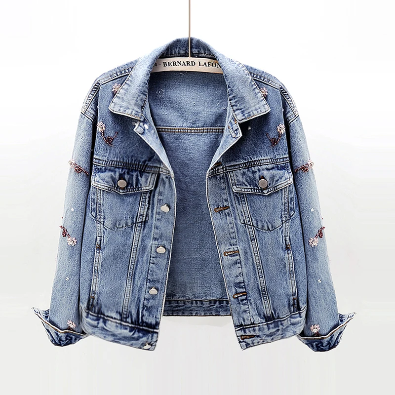 

Women 2020 spring Autum beading flowers Denim Jackets Washed Blue Jeans Coat Turn-down Collar Outwear casual Slim Jacket JC262