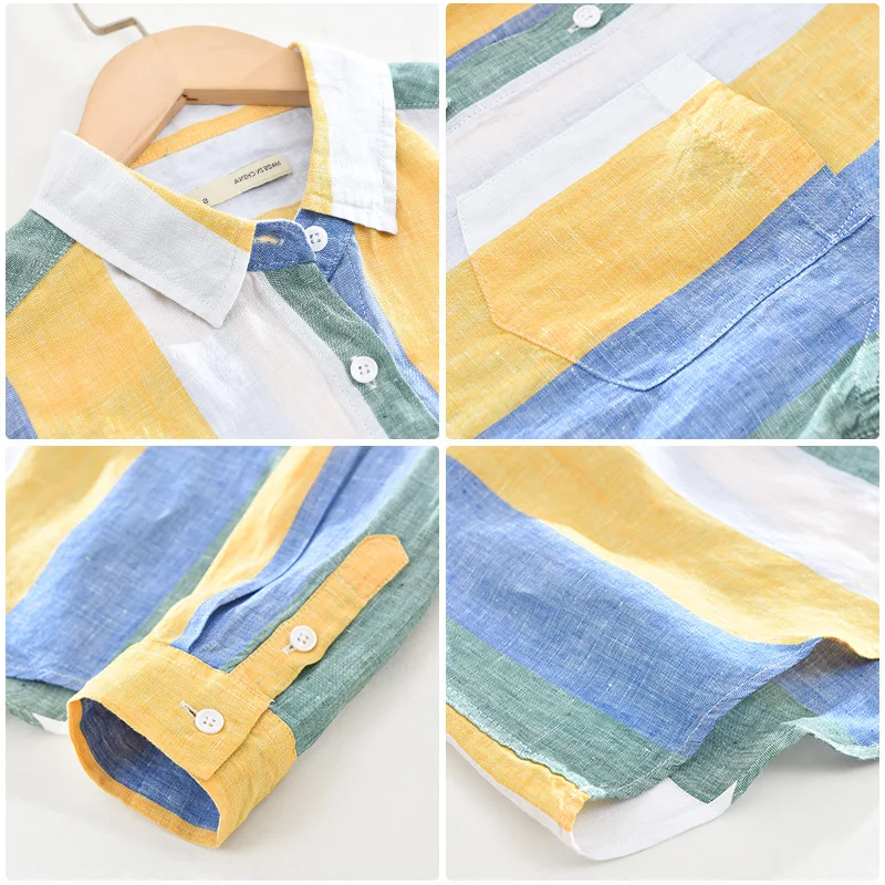 Men Clothing 2021 Men's Linen Long-sleeved Shirt Youth Art Fresh Loose Striped Lapel Shirt Camisas Para Hombre