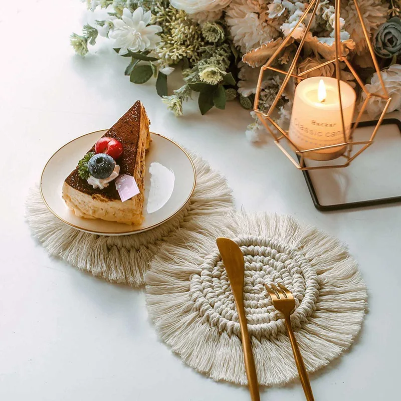 

Bohemia Style Non-slip Cup Mat Home Creative Round Cotton Braid Coaster Handmade Macrame Cup Cushion Heat Resistant Table Mat