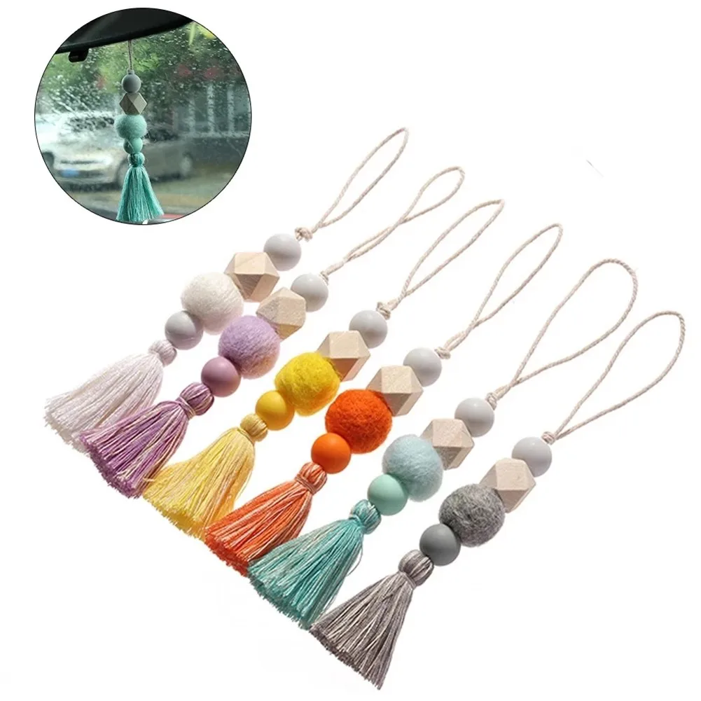 

Pendant Natural Wood Felt Beads With Tassels Car Rearview Mirro Pendant Perfume Diffuser Decorate Car Charming Luxury Vivid