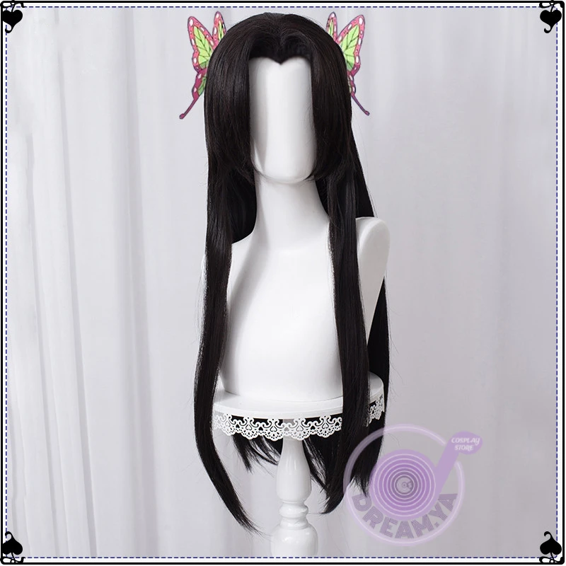 Парик для косплея Kochou Kanae из аниме Demon Slayer Kimetsu No Yaiba, черный, длинный, прямой, синтетический, для Хэллоуина и в комплекте бесплатная шапочка.
