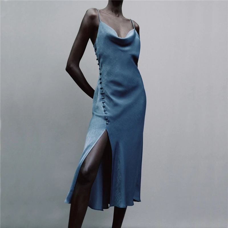 

Sexy Women Solid Satin Dresses 2021 Summer Elegant Ladies Button Slim Asymmetric Strap Dress Chic Female V-Neck Vestidos