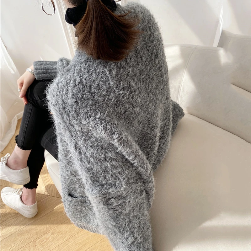 

[EAM] Big Size Coffee Thick Knitting Cardigan Sweater Loose Fit V-Neck Long Sleeve Women New Fashion Autumn Winter 2021 1DD2524