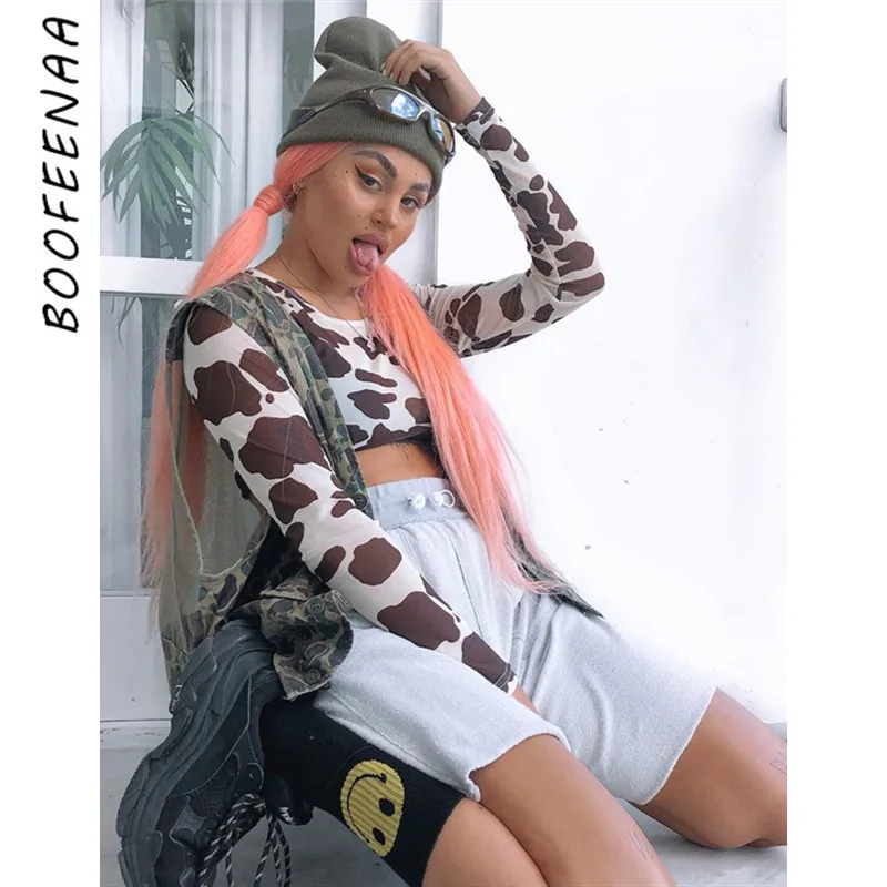 BOOFEENAA черный и белый Принт коровы чистая сетка сексуальный короткий топ с длинным